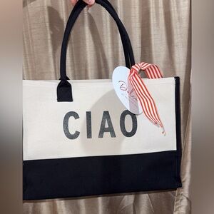 VANESSA ROSELLA Large Natural Canvas Tote Bag Purse Black/Natural ‘CIAO’
